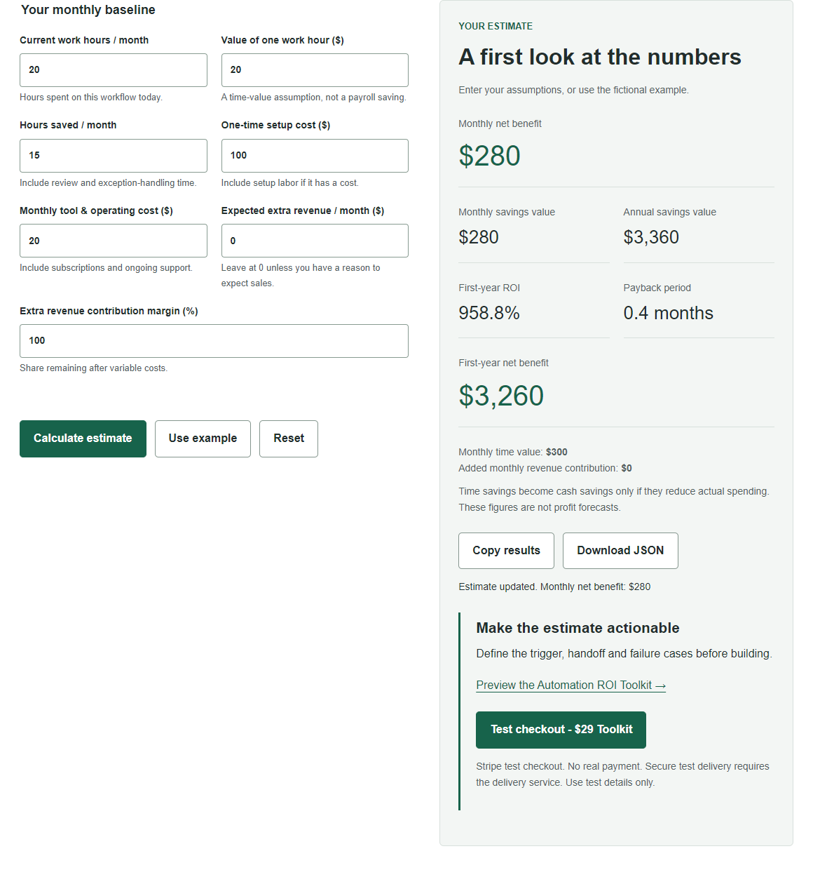 Automation ROI calculator showing an illustrative workflow estimate